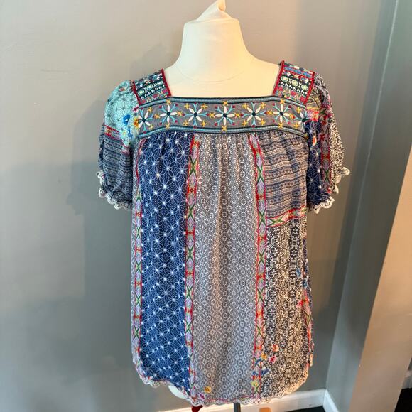 Johnny Was Embroidered Kichica Padme Blouse Silky Patchwork Embroidered Sz XS - Picture 3 of 14